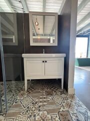 Ayaklı 2 Kapaklı Lavabolu Beyaz-Mat 95 Banyo Dolabı-Aynalı